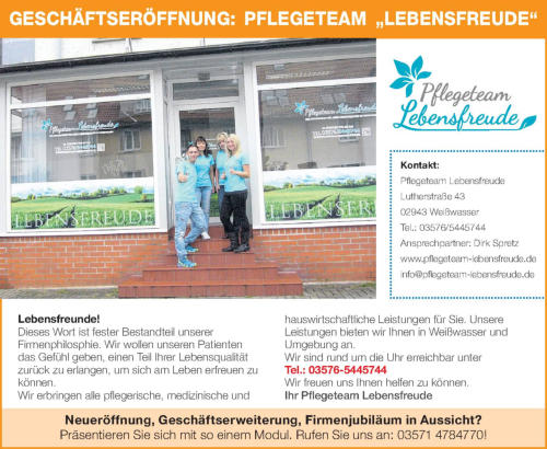 Anzeige Wochenkurier Geschäftseröffnung Pflegeteam Lebensfreude
